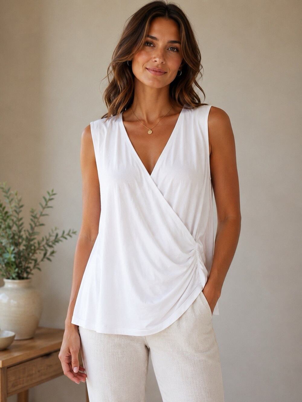 Soft Surroundings 2X White V Neck Faux Wrap Top Sleeveless Career Casual Blouse